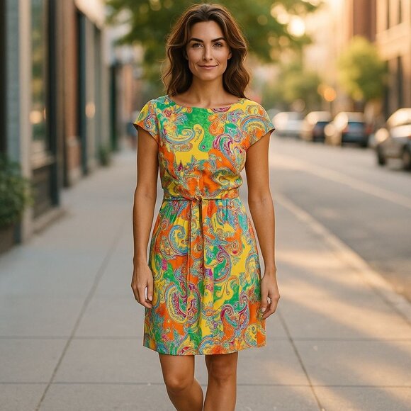 LAUREN RALPH LAUREN $169 Paisley Colorful Jersey Cap Sleeve Belted Dress Sz P XS - Picture 1 of 10